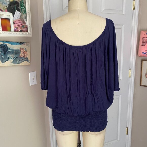 TAMMY MARS Navy stretch Y2K Batwing smocked Shirred Waist Shirt *SMALL* - Picture 4 of 5